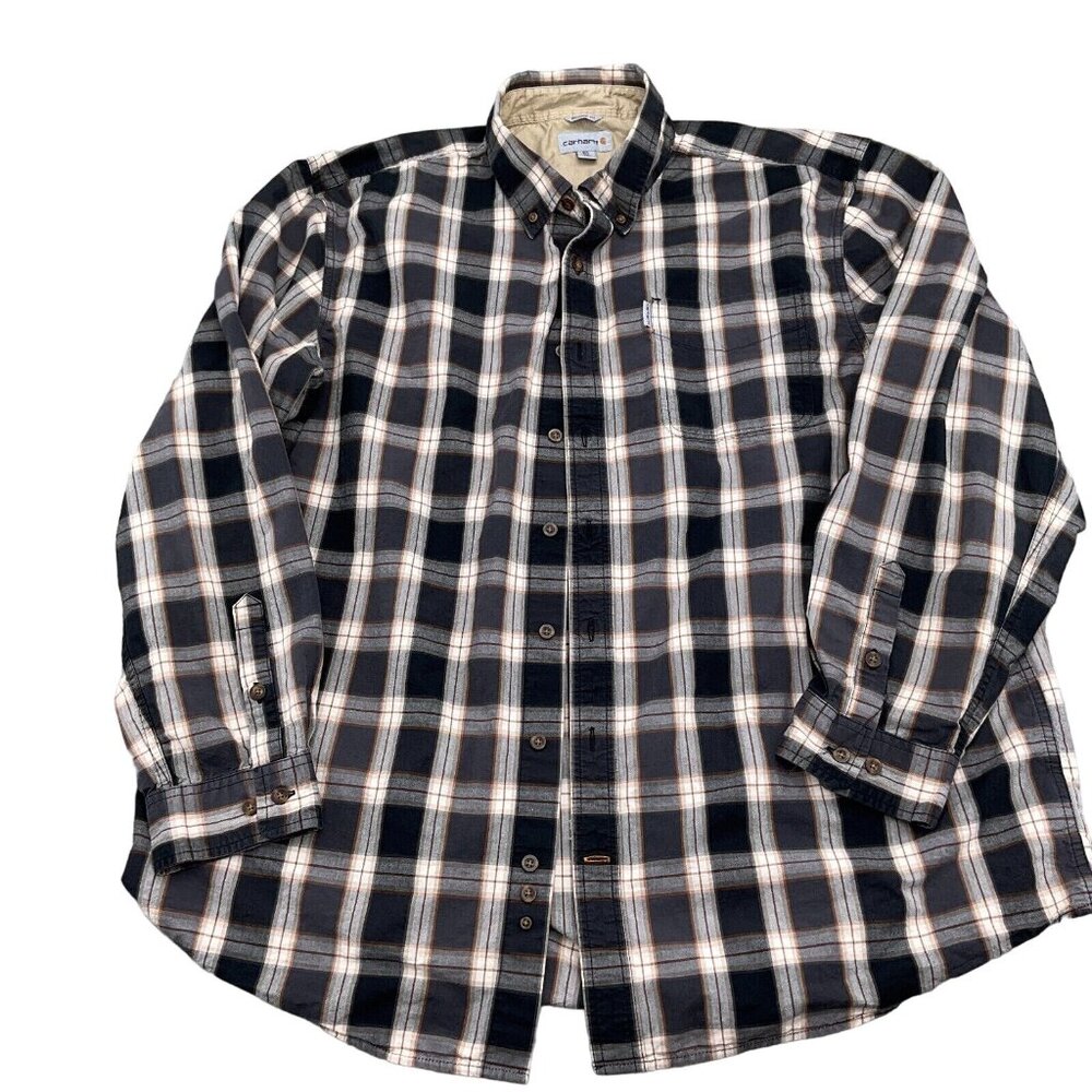 Carhartt Shirt Men 2XLarge Black Brown Plaid Tall Relax Fit‎ Cotton Work Casual